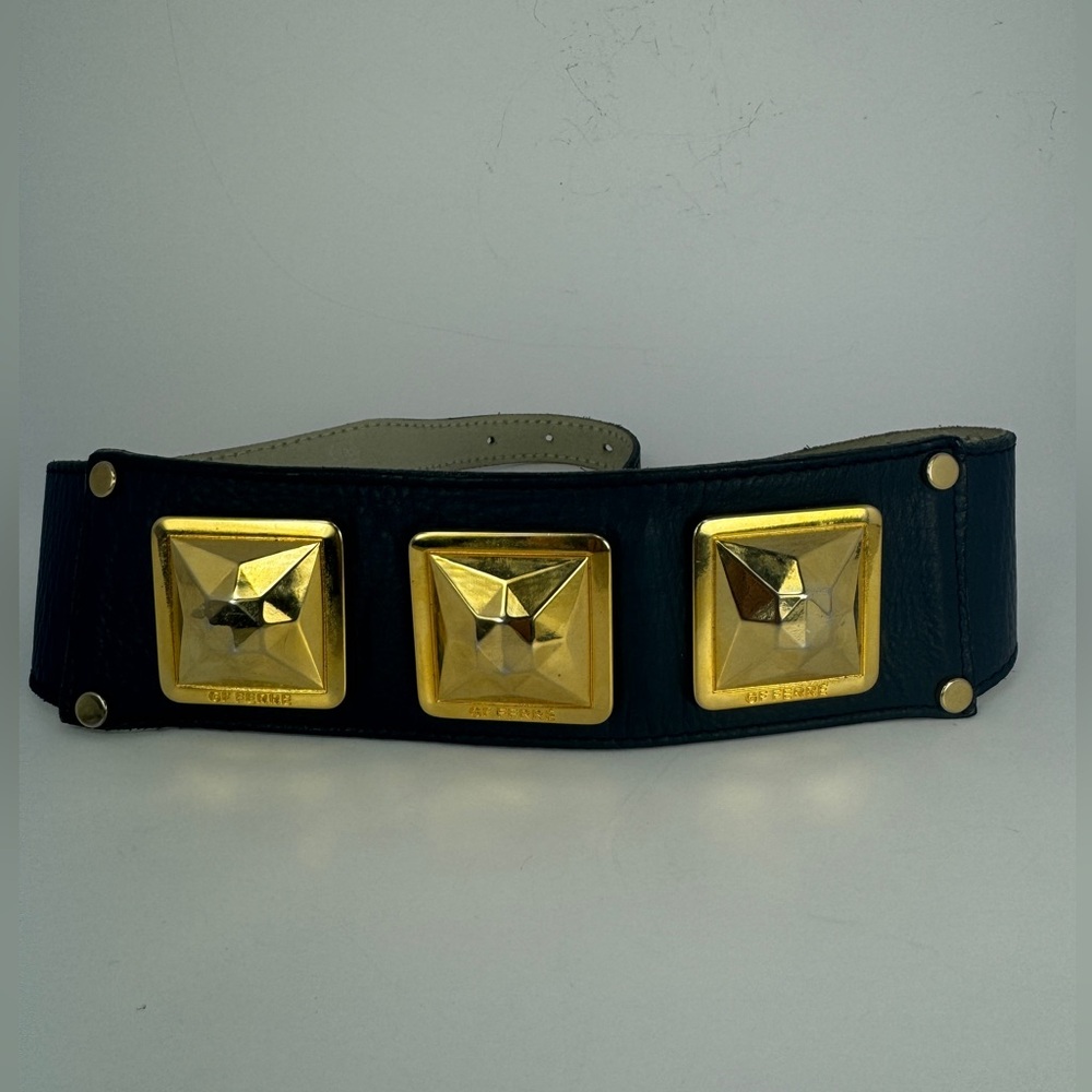 VTG GIANFRANCO FERRE Blue Belt Wide Corset Style Large Gold Studs 70 Waist 26-28